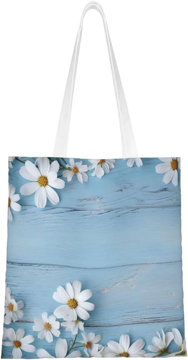 Flowers Light Blue Wood Print Canvas Tote Bags Stylish Shoulder Bag Reusable Shopping Bag Small Handbags For Women Men