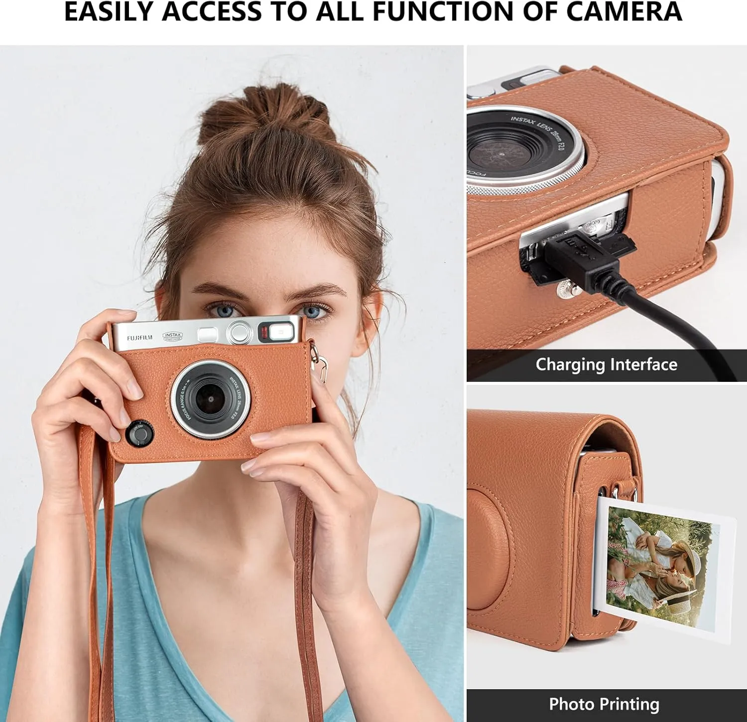 Fuji Mini EVO Case - Classic Leather Case Compatible with Fujifilm Instax Mini EVO - Instax EVO Protective Cover with Adjustable Shoulder Strap - Brown