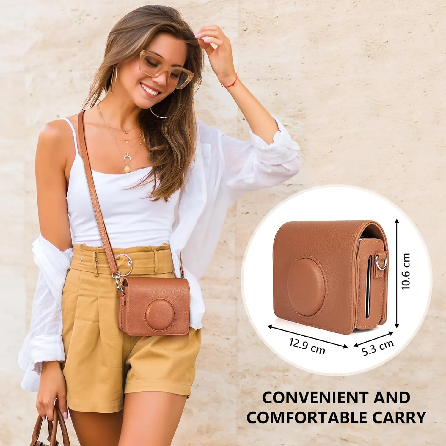 Fuji Mini EVO Case - Classic Leather Case Compatible with Fujifilm Instax Mini EVO - Instax EVO Protective Cover with Adjustable Shoulder Strap - Brown