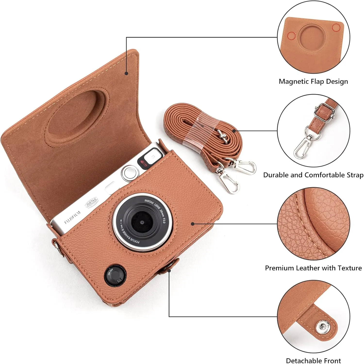 Fuji Mini EVO Case - Classic Leather Case Compatible with Fujifilm Instax Mini EVO - Instax EVO Protective Cover with Adjustable Shoulder Strap - Brown