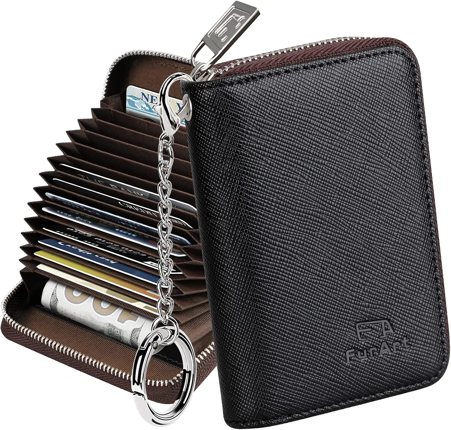 FurArt Credit Card Wallet, Zipper Business Card Holder for Women, RFID Blocking, KeyChain Wallet, Compact Size