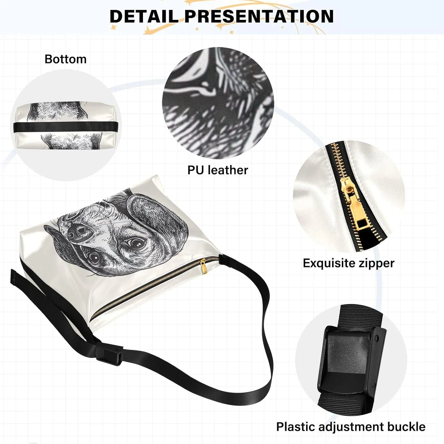 GAIGEO Black and White Sketch of a Beagle Vegan Crossbody Bag, Crossbody Bag with Thick Strap, Men's Leather Crossbody Bag