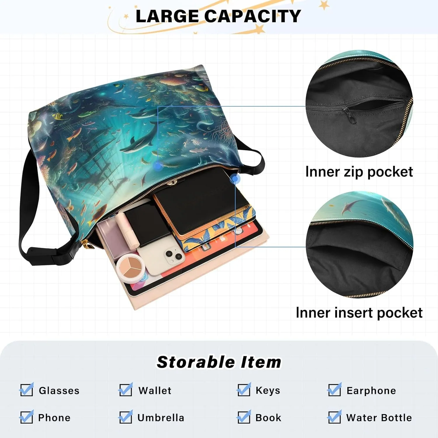 GAIGEO Fantasy Underwater World Shoulder Strap Bag, Shoulder Bag, Mens Leather Crossbody Bags
