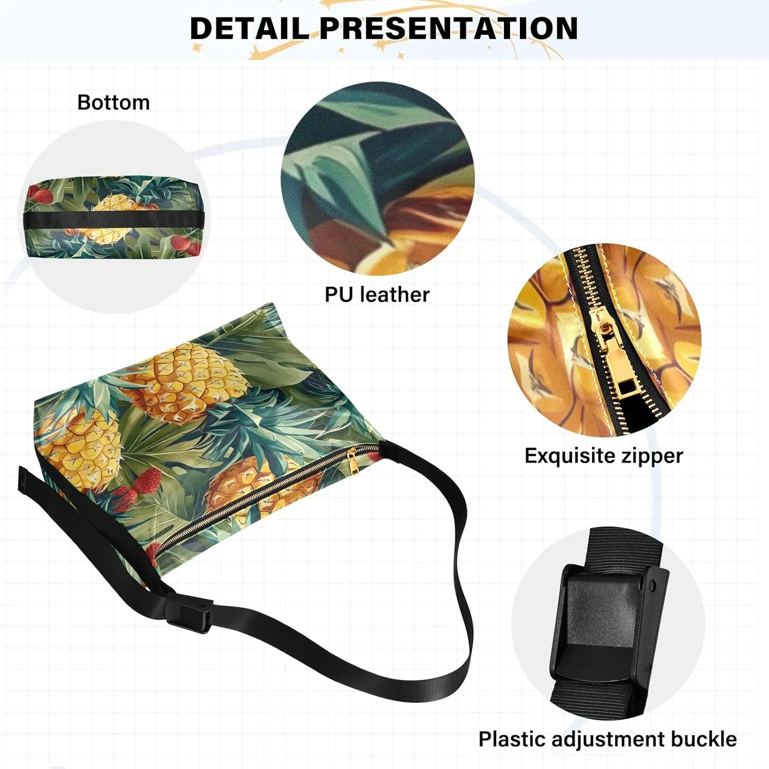GAIGEO Pineapples and Strawberry Leaves Adjustable Crossbody Bag, Womens Shoulder Bag with Pockets, Leather Shoulder Bag