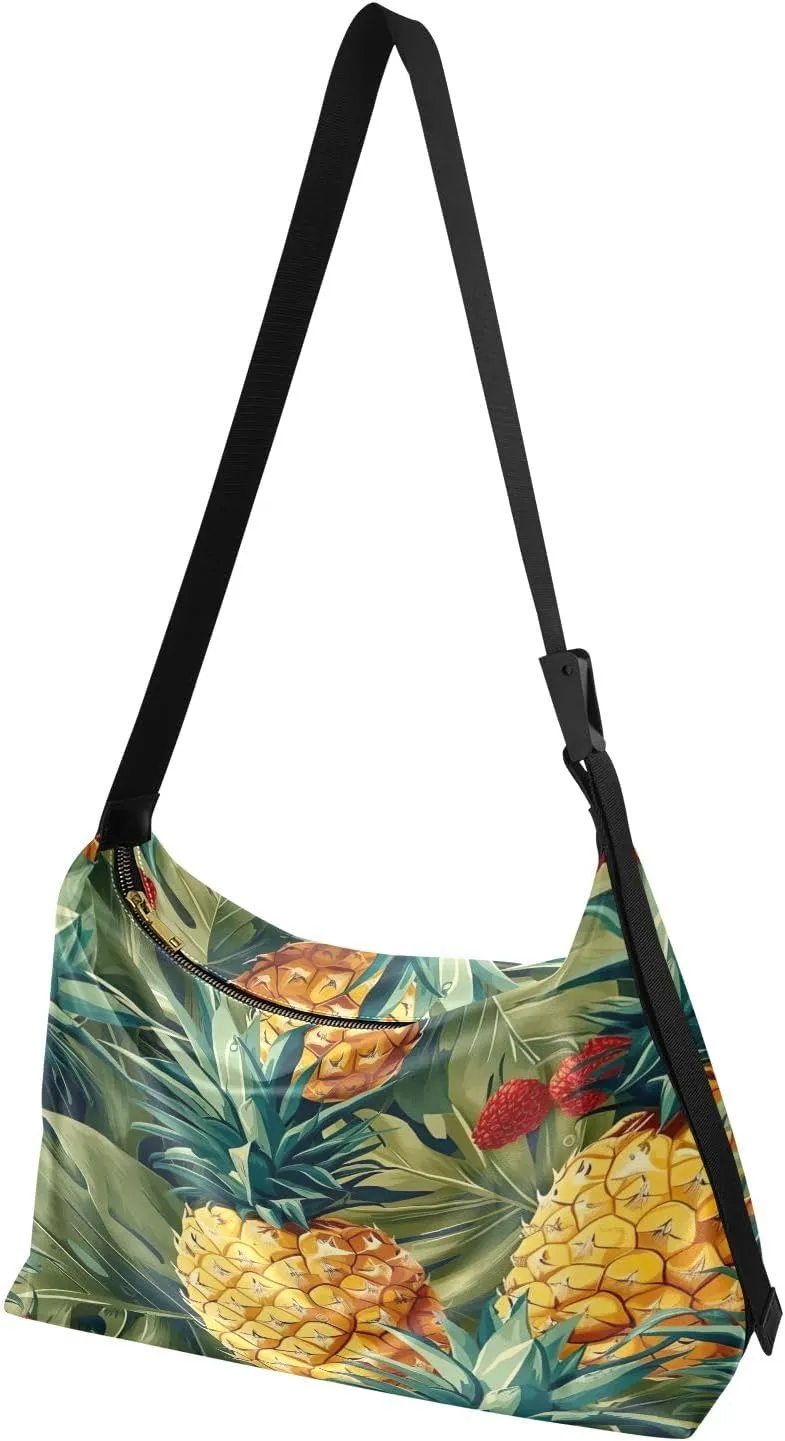 GAIGEO Pineapples and Strawberry Leaves Adjustable Crossbody Bag, Womens Shoulder Bag with Pockets, Leather Shoulder Bag