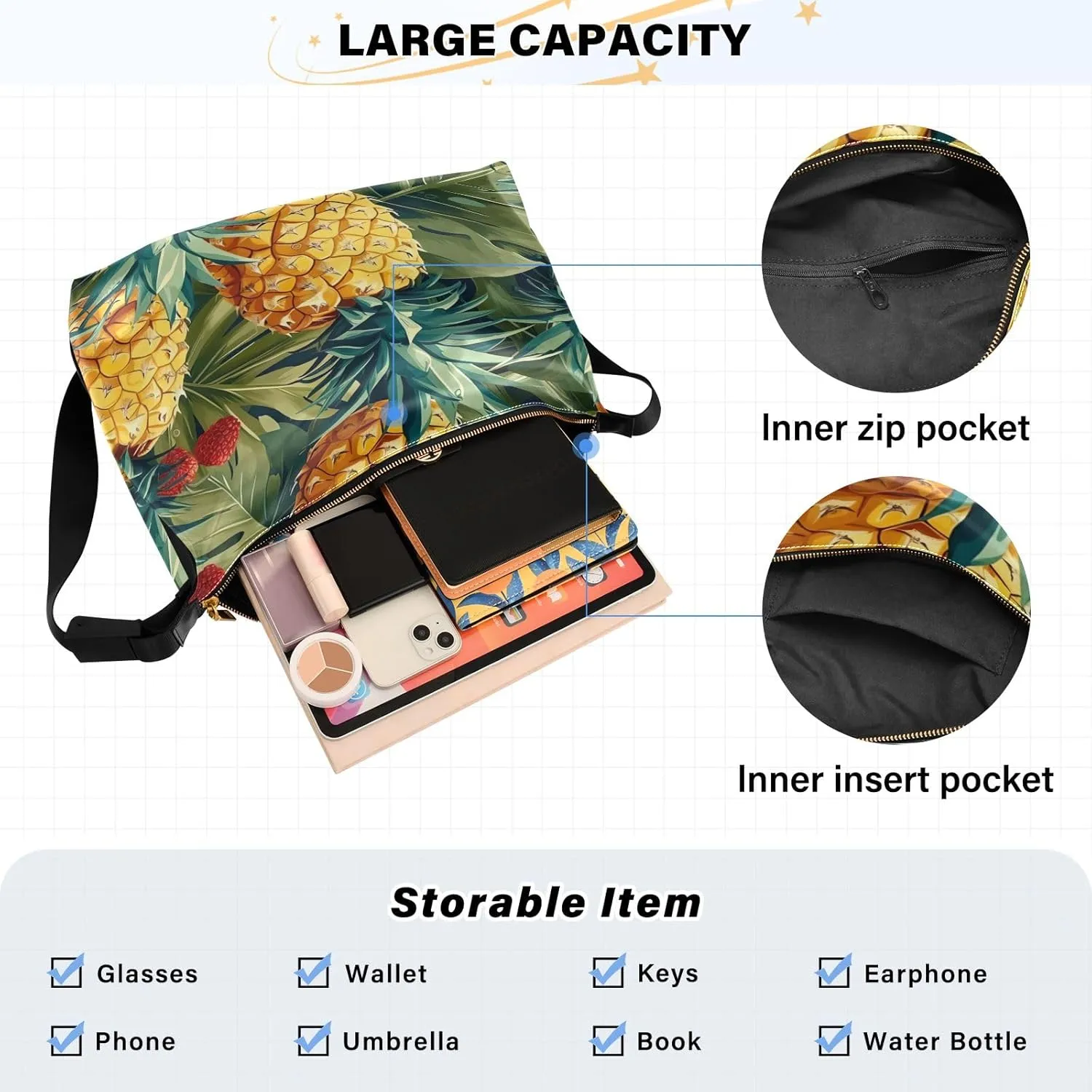 GAIGEO Pineapples and Strawberry Leaves Adjustable Crossbody Bag, Womens Shoulder Bag with Pockets, Leather Shoulder Bag