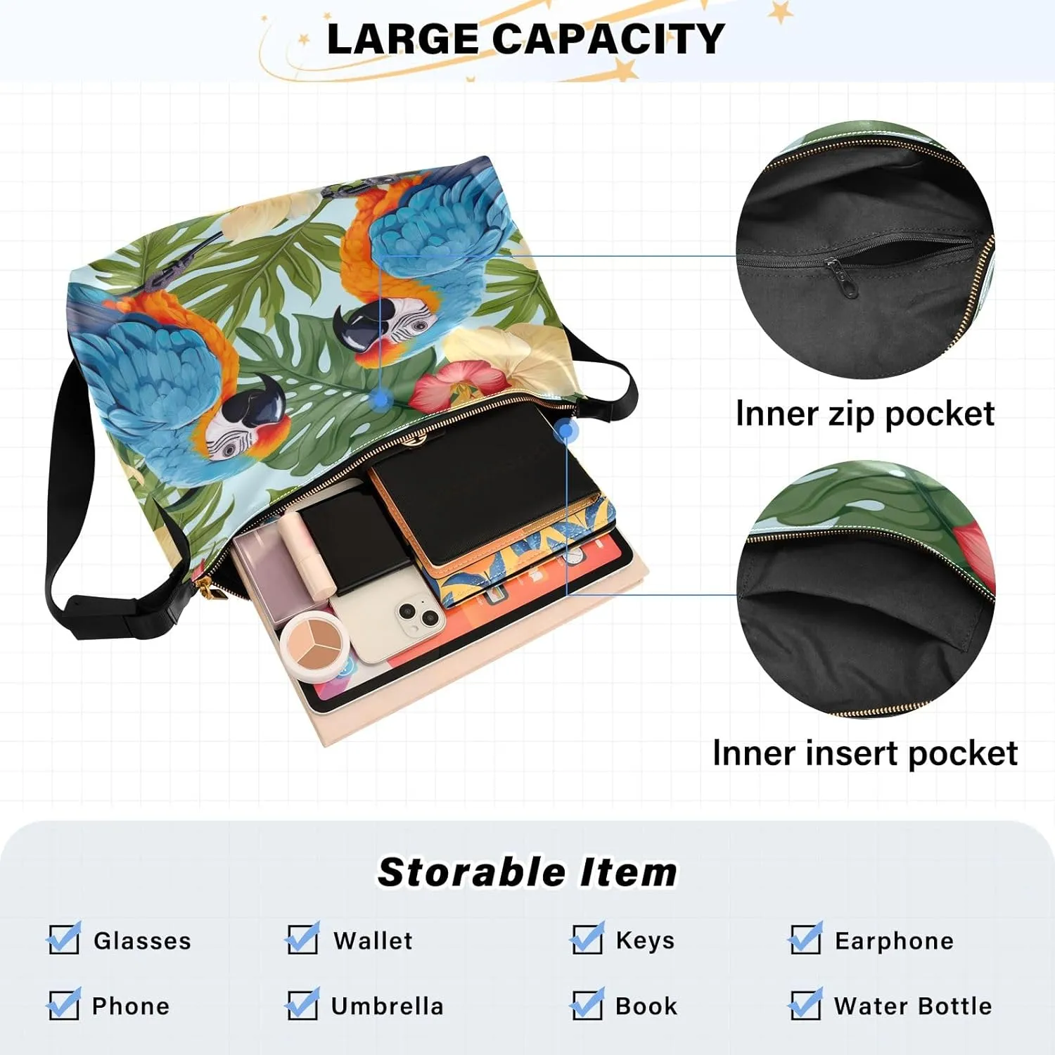 GAIGEO Tropical Tropical Leaves and Plants Shoulder Sling Bag for Men, Leather Shoulder Bag, Bag with Shoulder Strap