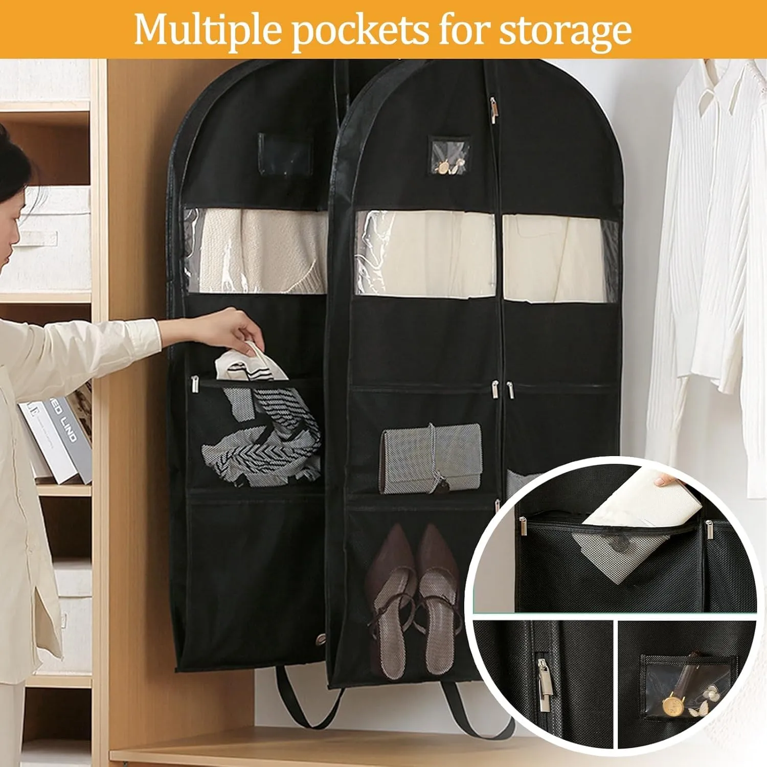 Garment Bags for Travel, 5 Pack Garment Cover with Mesh Bag, Foldable Suit Bag with Zipper, Perfect for Woman Man on The Go(60x10x110cm)