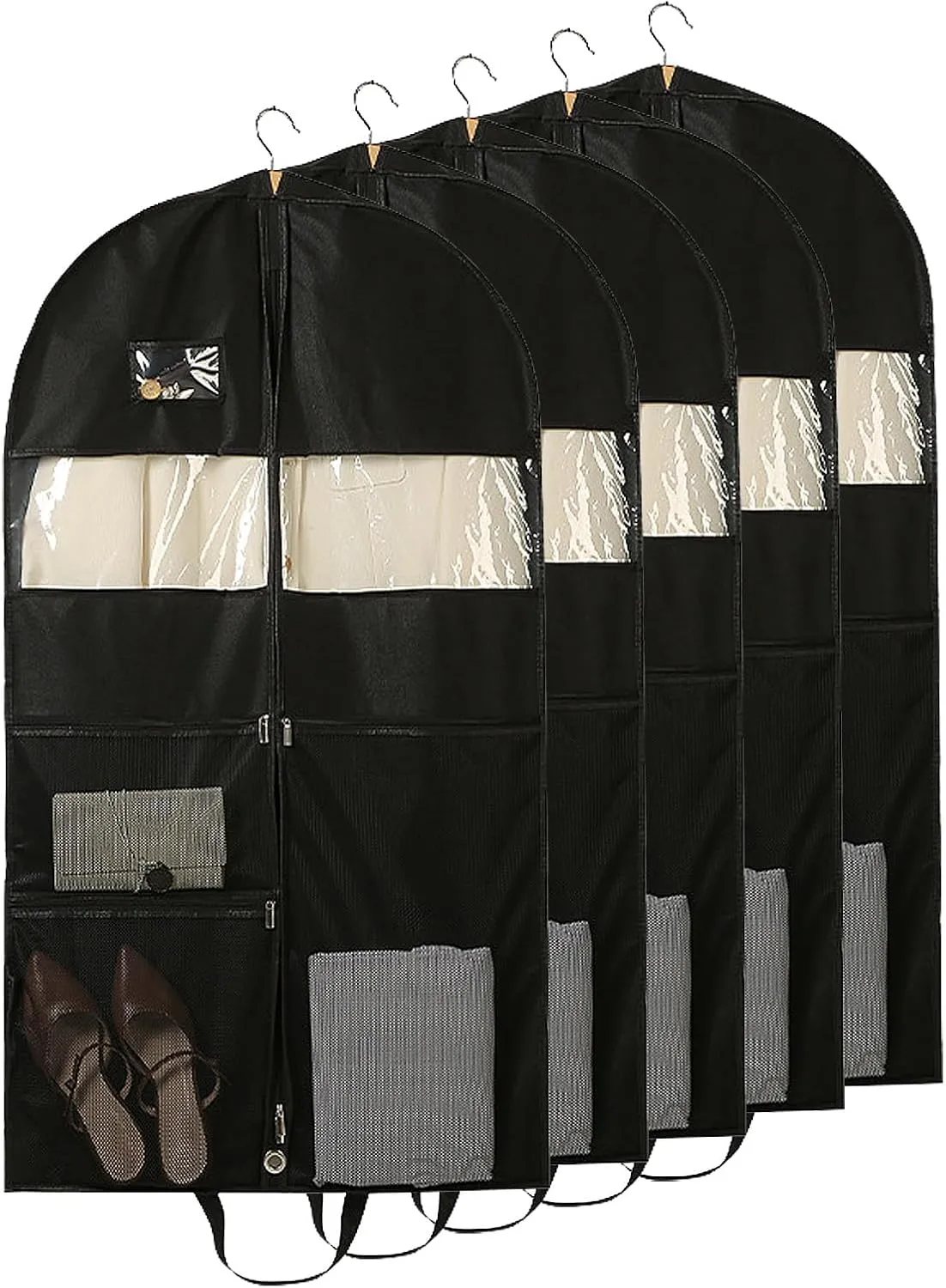 Garment Bags for Travel, 5 Pack Garment Cover with Mesh Bag, Foldable Suit Bag with Zipper, Perfect for Woman Man on The Go(60x10x110cm)