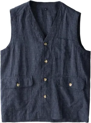 GIBZ Men's Cotton Linen Sleeveless Shirts Button Down Beach Tank Top Wedding Waistcoat Summer Casual Vest with Pocket