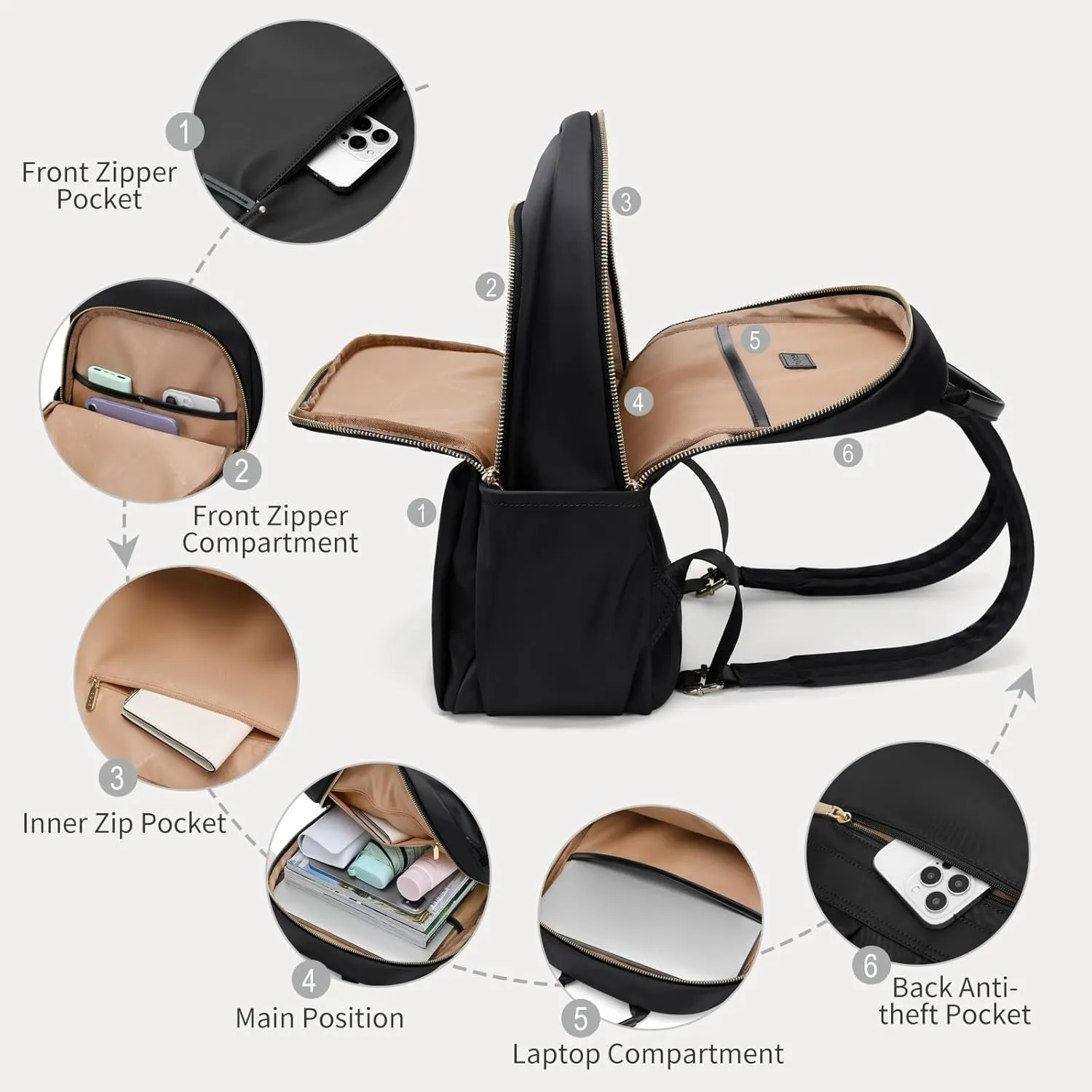 GOLF SUPAGS Stylish Laptop Backpack for Women Computer Bag Fits 14 Inch Notebook Travel College Work Backpacks Purse (Black)