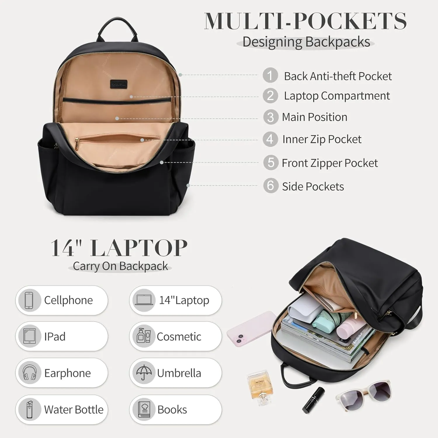 GOLF SUPAGS Stylish Laptop Backpack for Women Computer Bag Fits 14 Inch Notebook Travel College Work Backpacks Purse (Black)