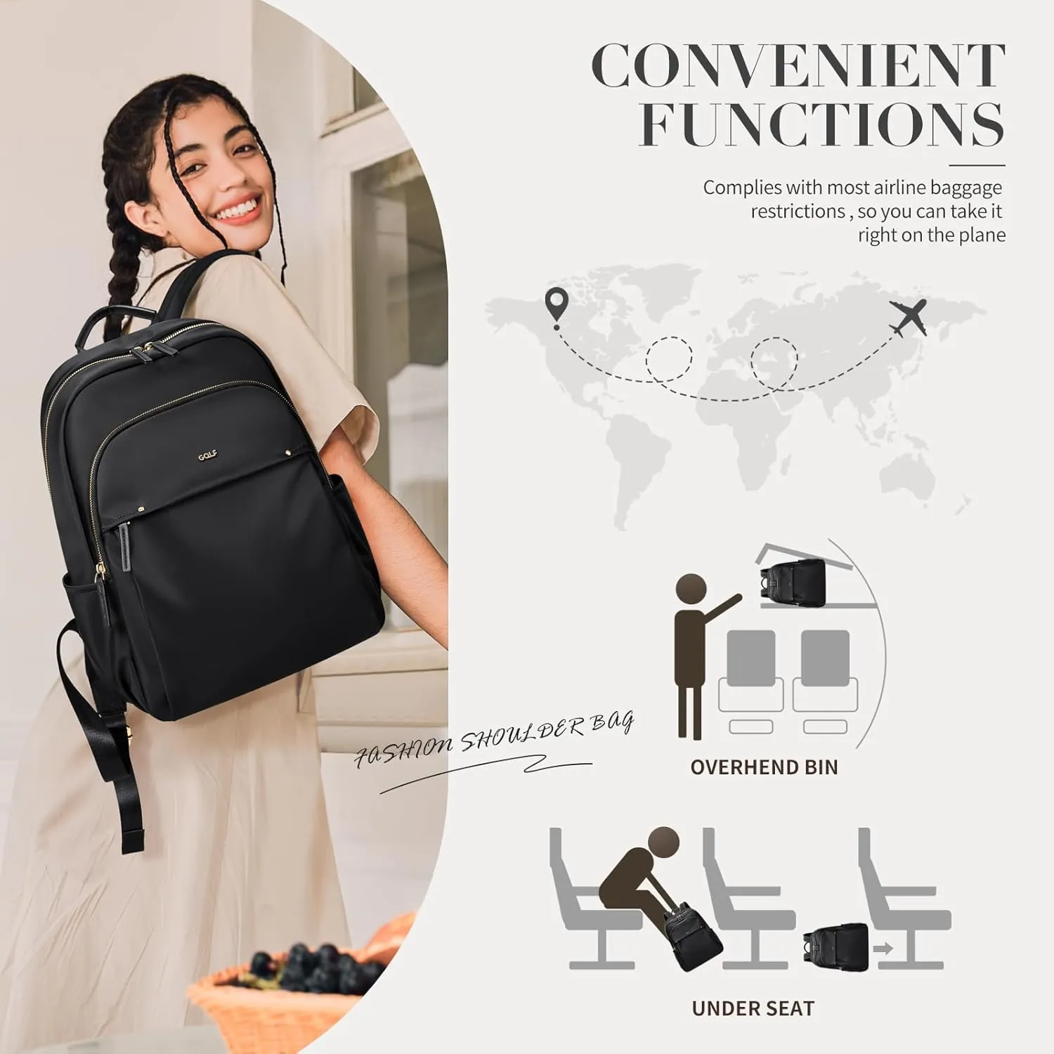 GOLF SUPAGS Stylish Laptop Backpack for Women Computer Bag Fits 14 Inch Notebook Travel College Work Backpacks Purse (Black)