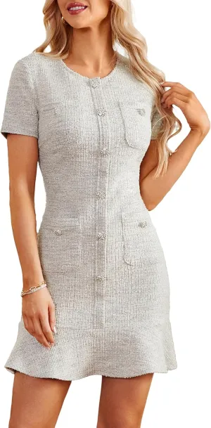 GRACE KARIN Womens Tweed Dress 2025 Summer Short Sleeve Button Bodycon Elegant Work Mini Dress Casual Dresses with Pocket
