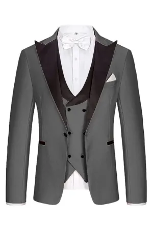 Gray Slim Fit Three Pieces Tuxedos Peaked Lapel Business Suits Wedding Groom Suits