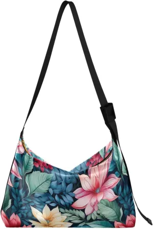Green Blue Leaves Flowers Crossbody Bag for Women Men with Adjustable Strap PU Leather Shoulder Hobo Purse Bag 20851584