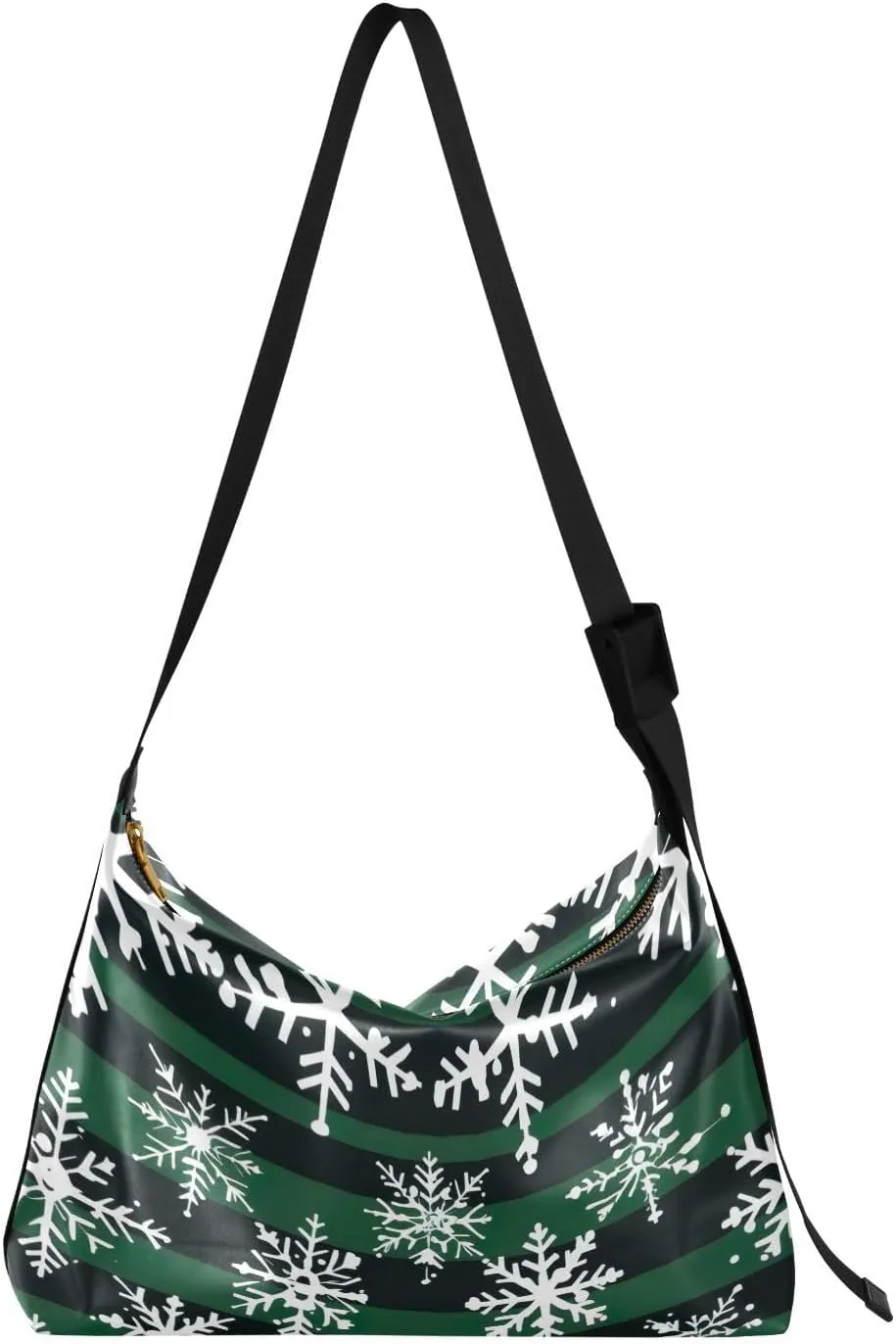 Green Snowflake Stripe Leather Hobo Bag for Women Men Casual Shoulder Bag with Adjustable Strap Large Capacity Tote Handbag