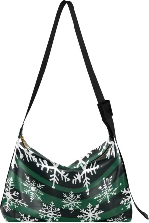 Green Snowflake Stripe Leather Hobo Bag for Women Men Casual Shoulder Bag with Adjustable Strap Large Capacity Tote Handbag