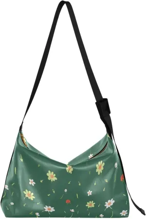 Green White Flowers Crossbody Bag for Women Men with Adjustable Strap PU Leather Shoulder Hobo Purse Bag 20857212