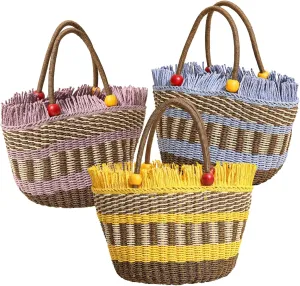 Handwoven Paper Tote Bag With Colorful Beaded Handles, Stylish And, Ideal For Beach Days, Shopping, And Daily Use