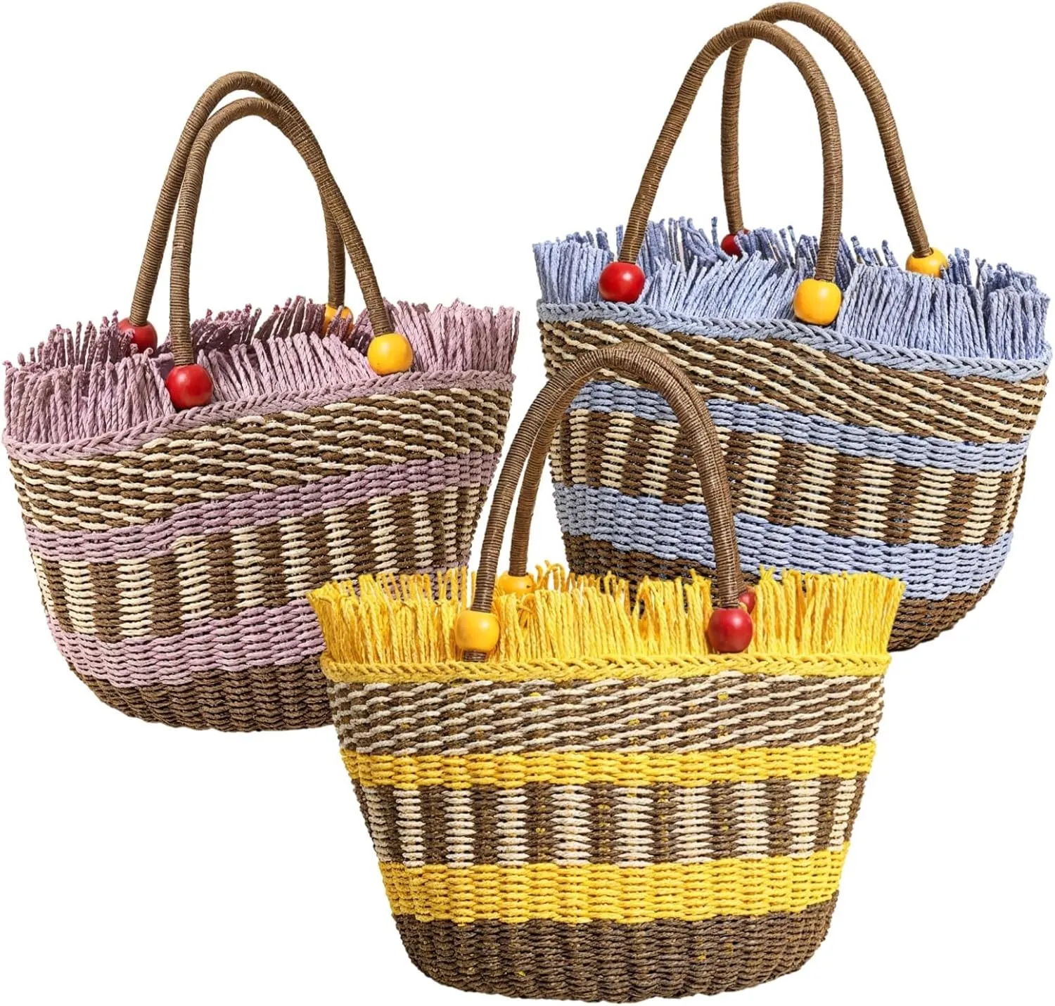Handwoven Paper Tote Bag With Colorful Beaded Handles, Stylish And, Ideal For Beach Days, Shopping, And Daily Use