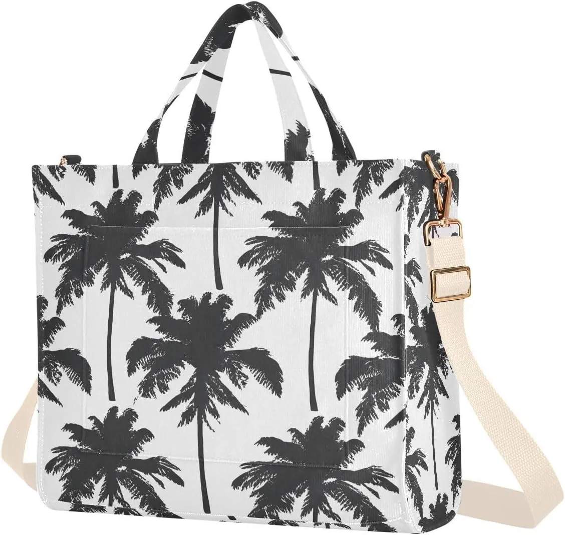 Hawaiian Palm Tree Black Corduroy Tote Bag for Women Hobo Crossbody Bag Purse Stylish Shoulder Handbag Messenger Bags, S