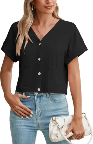 Heymoments Women Summer Tops V Neck Casual Button Down Cardigan Ladies Shirts with Pockets