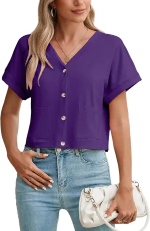 Heymoments Women Summer Tops V Neck Casual Button Down Cardigan Ladies Shirts with Pockets