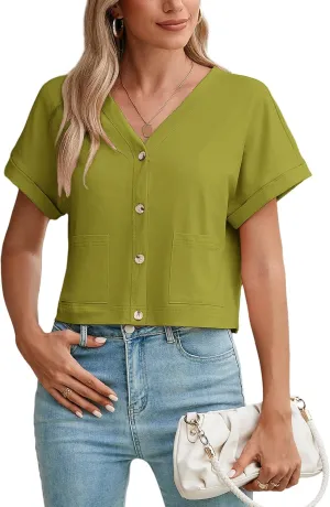 Heymoments Women Summer Tops V Neck Casual Button Down Cardigan Ladies Shirts with Pockets