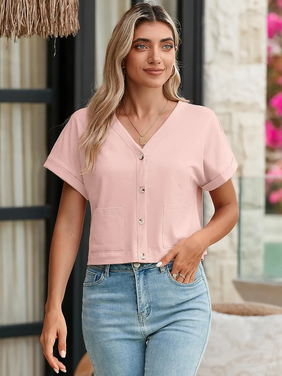 Heymoments Women Summer Tops V Neck Casual Button Down Cardigan Ladies Shirts with Pockets