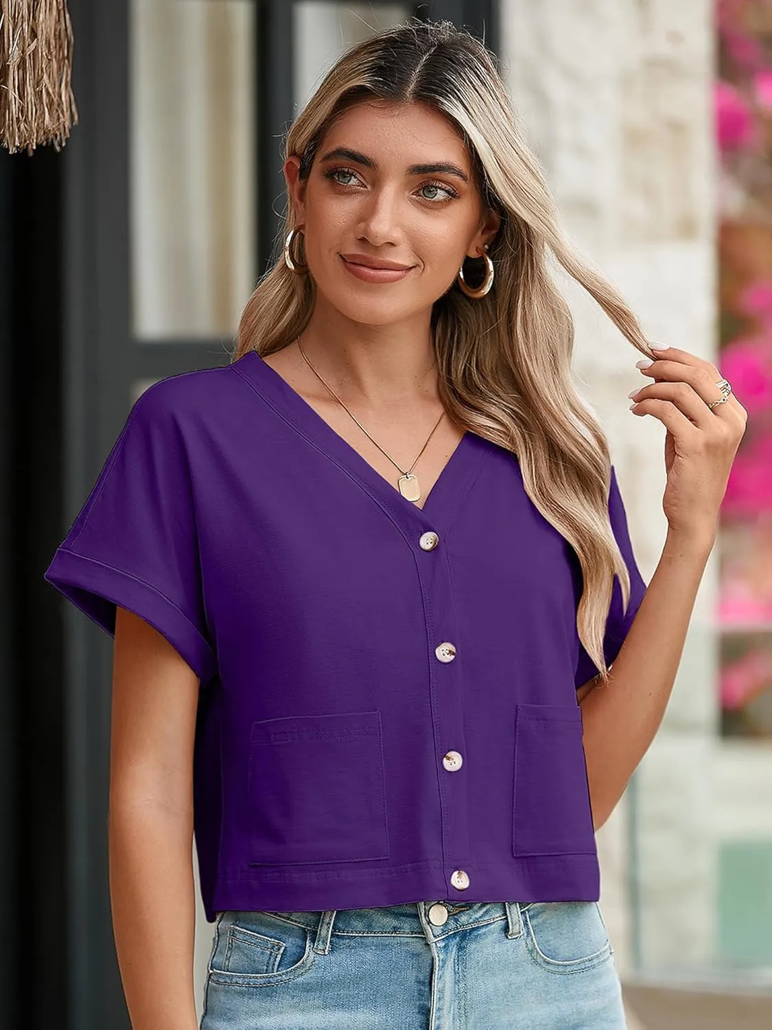 Heymoments Women Summer Tops V Neck Casual Button Down Cardigan Ladies Shirts with Pockets