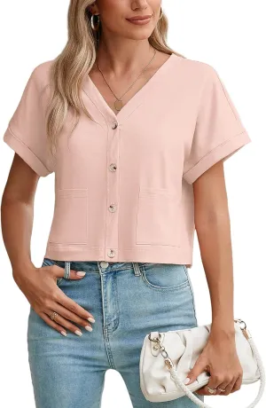 Heymoments Women Summer Tops V Neck Casual Button Down Cardigan Ladies Shirts with Pockets