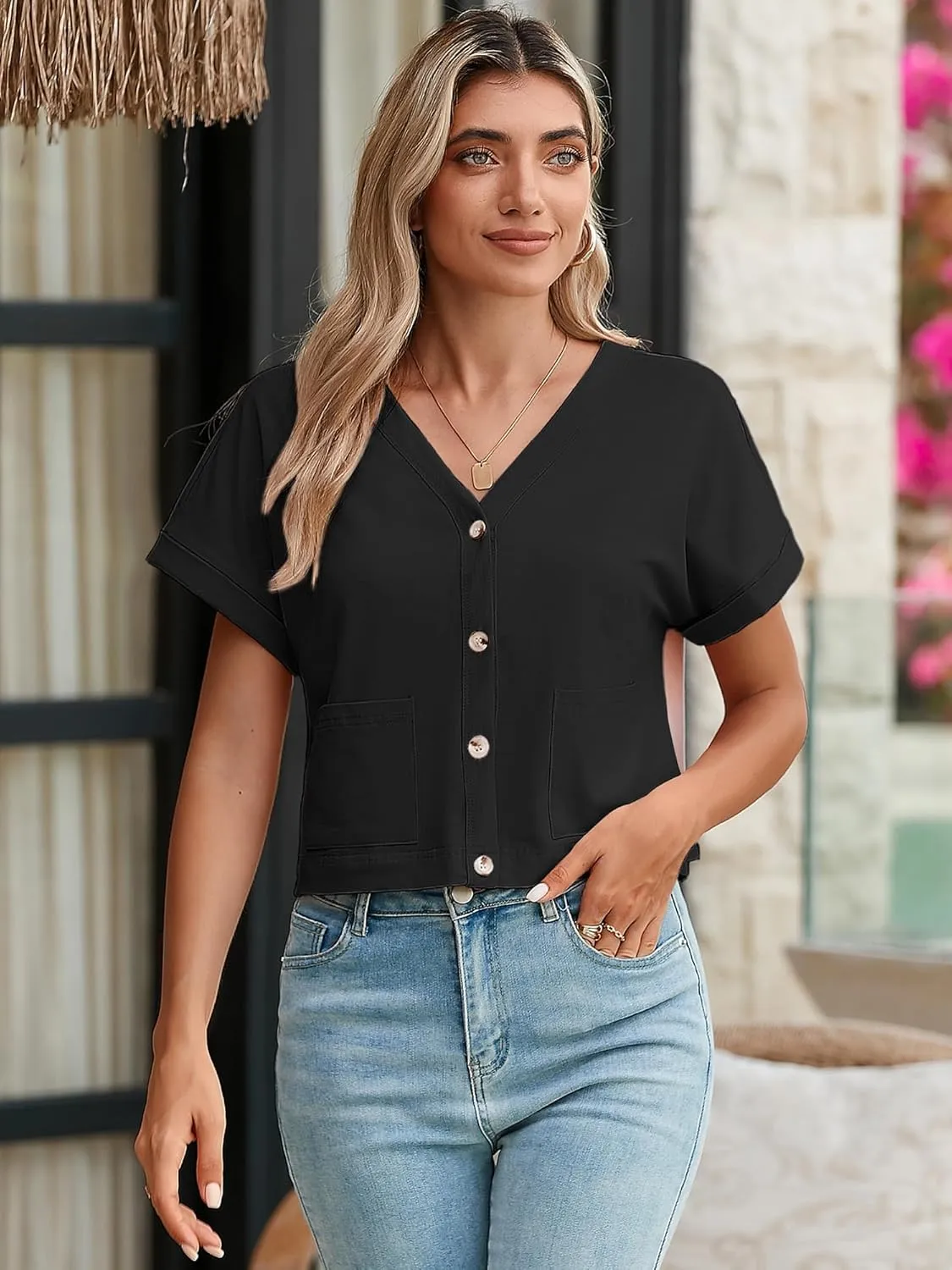 Heymoments Women Summer Tops V Neck Casual Button Down Cardigan Ladies Shirts with Pockets