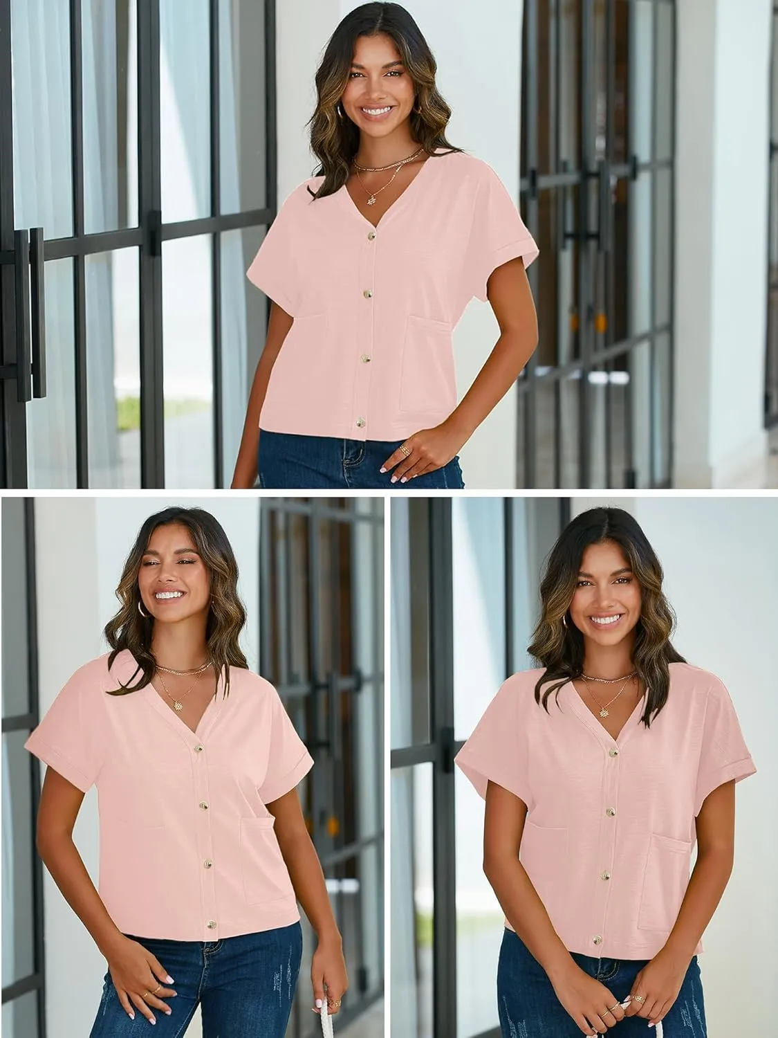 Heymoments Women Summer Tops V Neck Casual Button Down Cardigan Ladies Shirts with Pockets