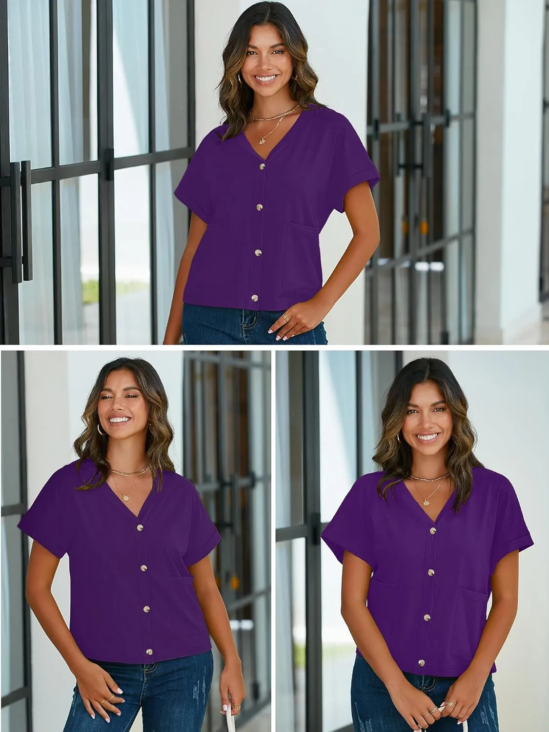 Heymoments Women Summer Tops V Neck Casual Button Down Cardigan Ladies Shirts with Pockets