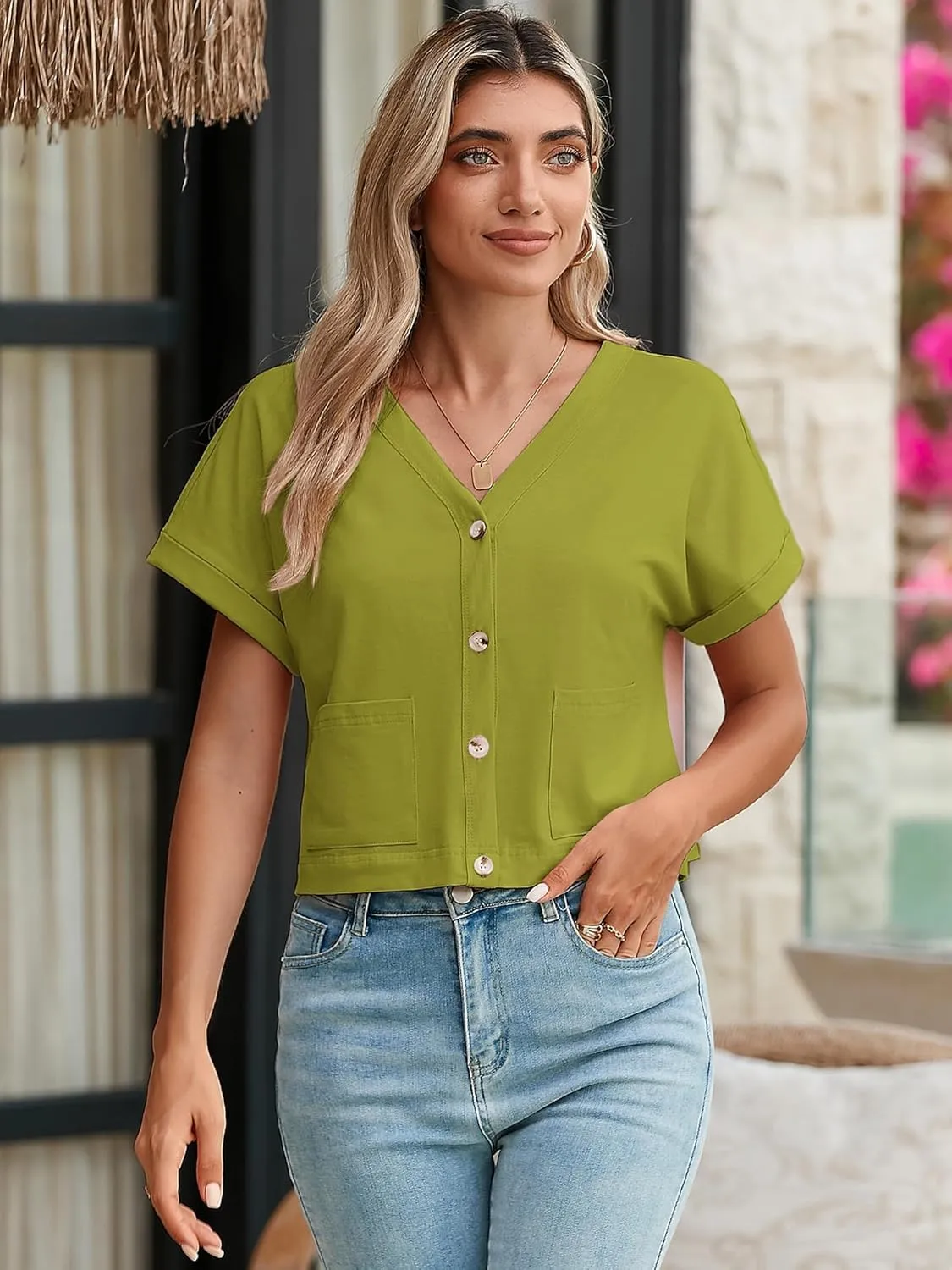 Heymoments Women Summer Tops V Neck Casual Button Down Cardigan Ladies Shirts with Pockets
