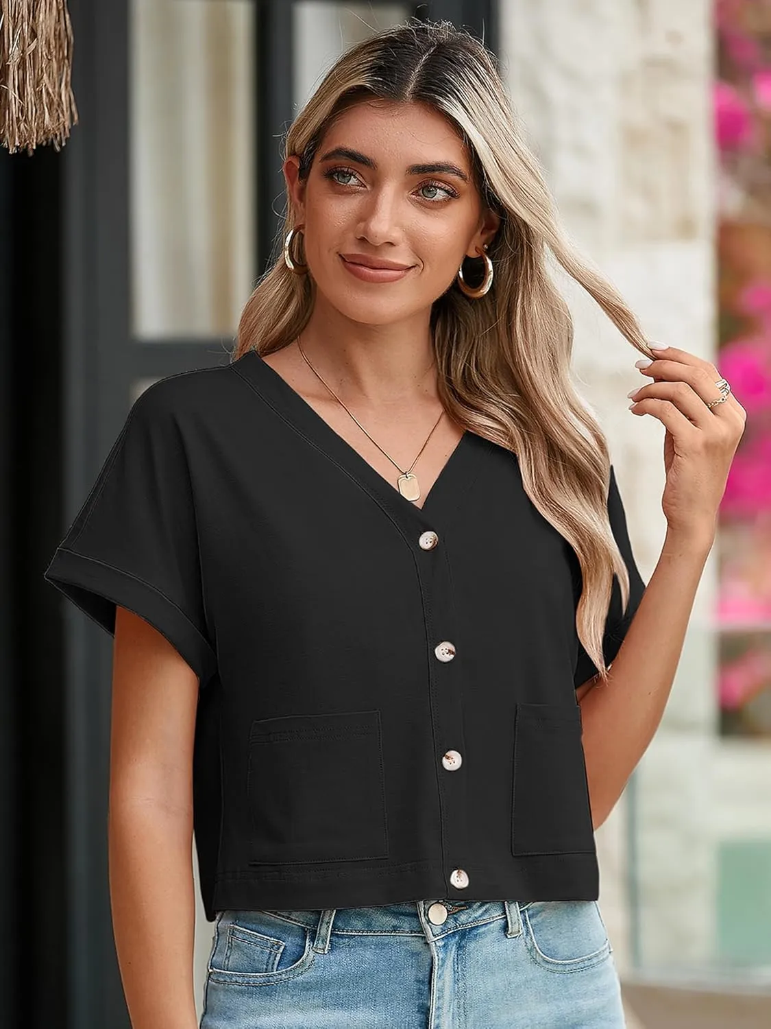 Heymoments Women Summer Tops V Neck Casual Button Down Cardigan Ladies Shirts with Pockets