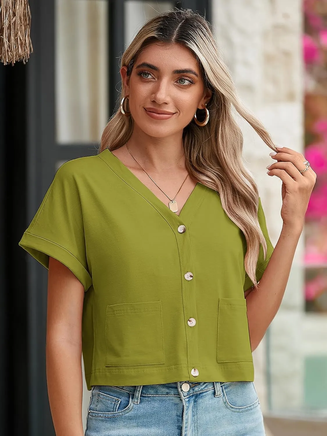 Heymoments Women Summer Tops V Neck Casual Button Down Cardigan Ladies Shirts with Pockets