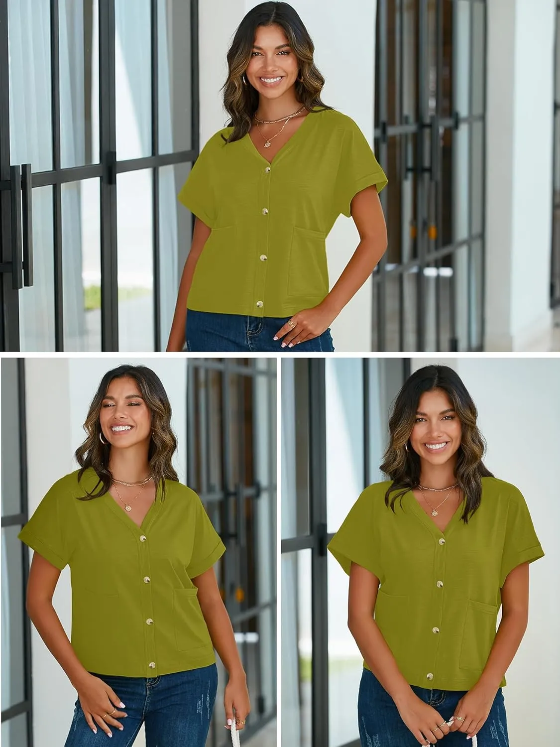 Heymoments Women Summer Tops V Neck Casual Button Down Cardigan Ladies Shirts with Pockets