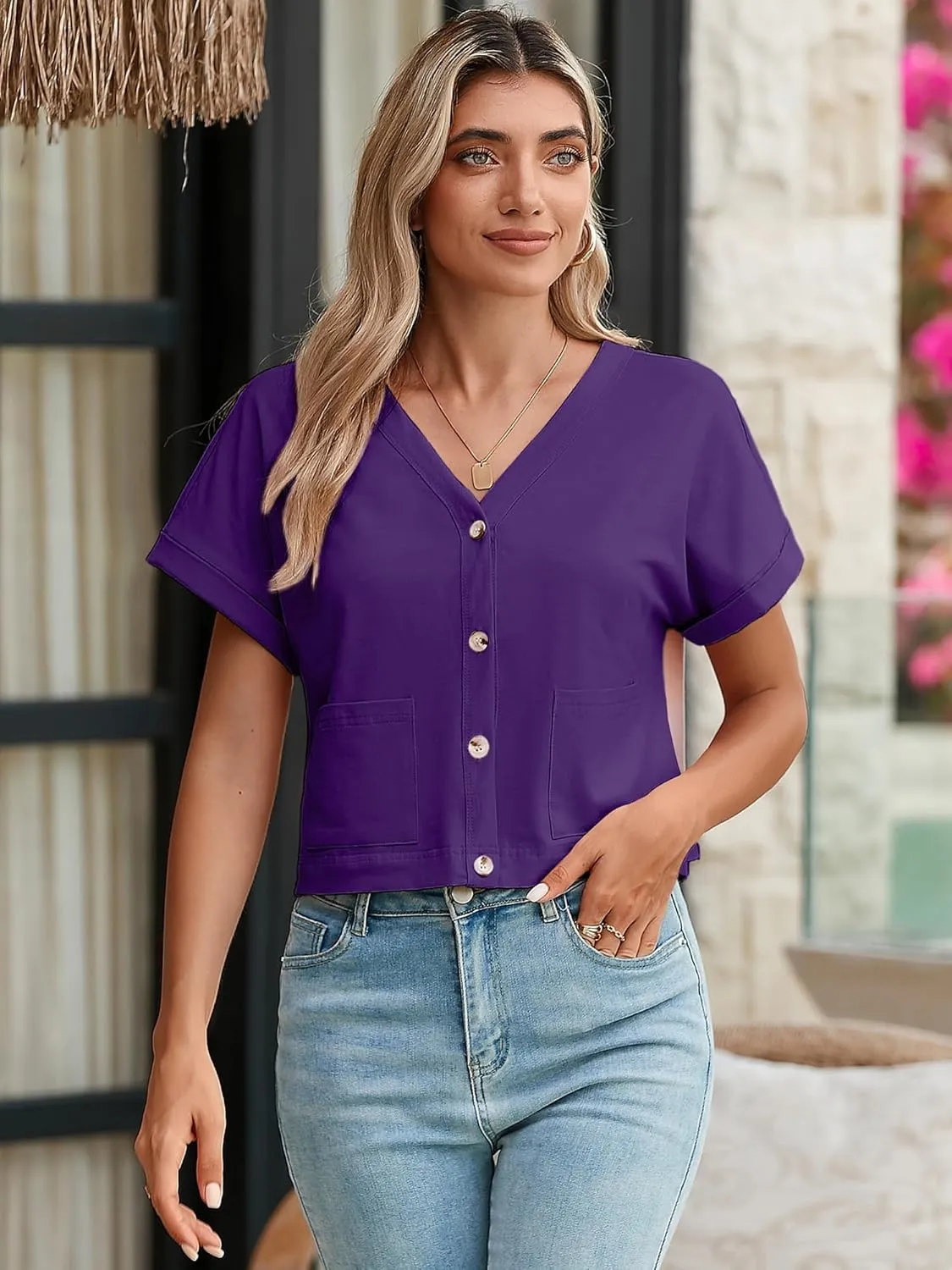 Heymoments Women Summer Tops V Neck Casual Button Down Cardigan Ladies Shirts with Pockets