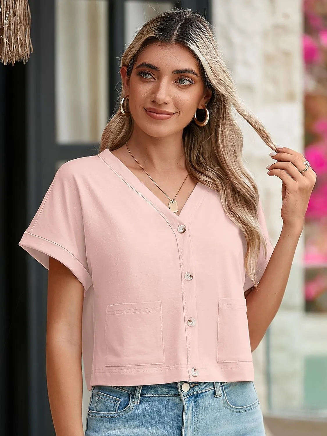 Heymoments Women Summer Tops V Neck Casual Button Down Cardigan Ladies Shirts with Pockets