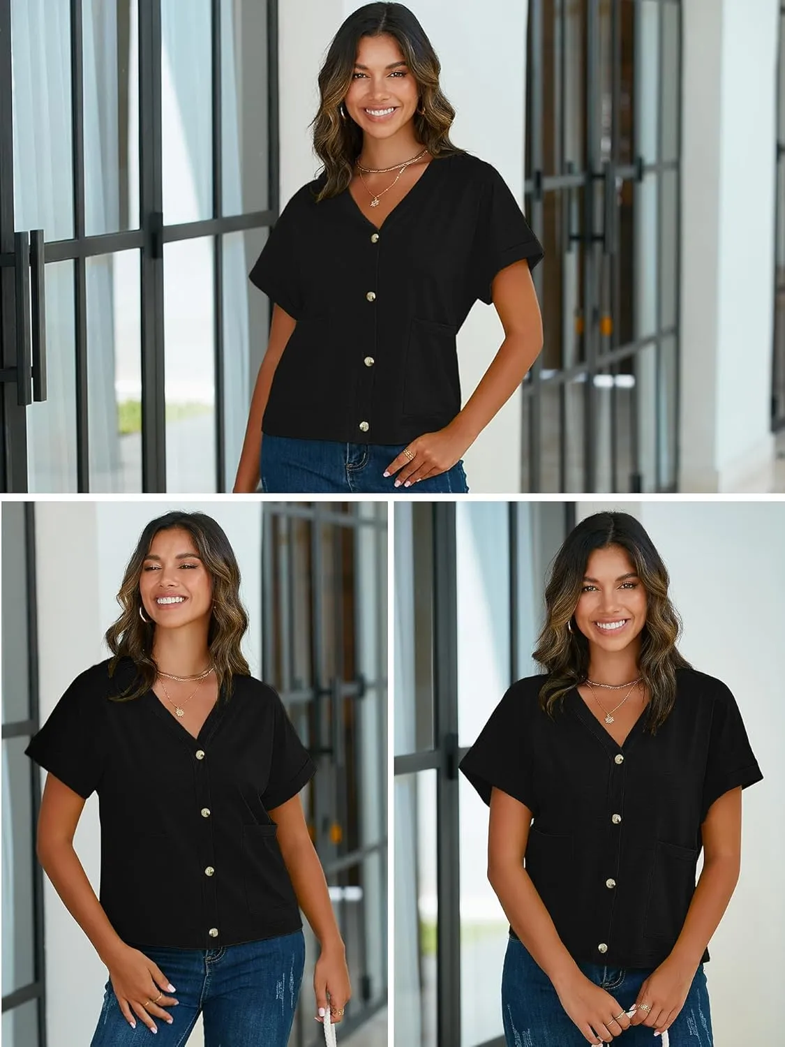 Heymoments Women Summer Tops V Neck Casual Button Down Cardigan Ladies Shirts with Pockets