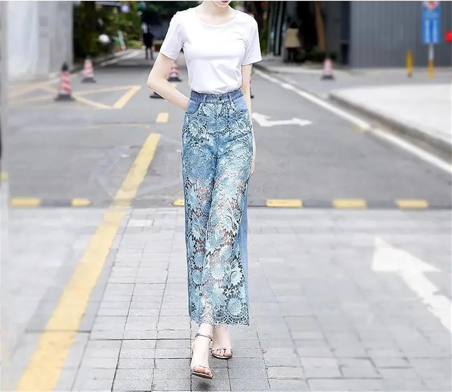 High Waist Lace Patchwork Hollow Out Stylish Elegant Jeans for Women Summer All Match Casual Loose Pants