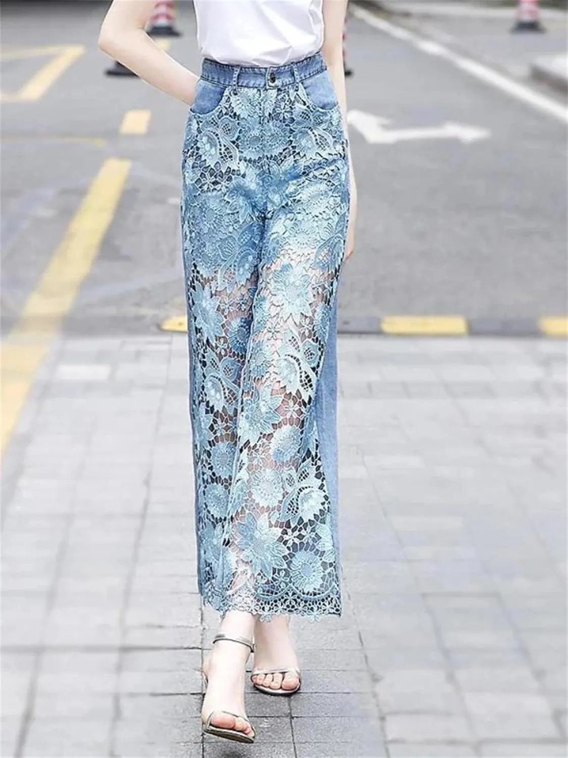 High Waist Lace Patchwork Hollow Out Stylish Elegant Jeans for Women Summer All Match Casual Loose Pants