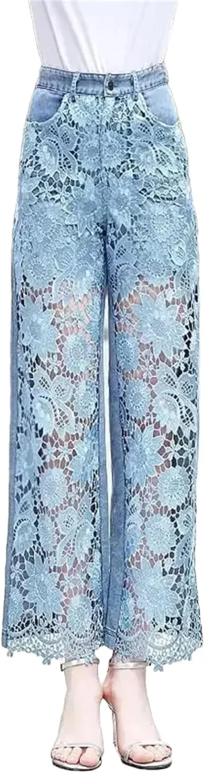 High Waist Lace Patchwork Hollow Out Stylish Elegant Jeans for Women Summer All Match Casual Loose Pants
