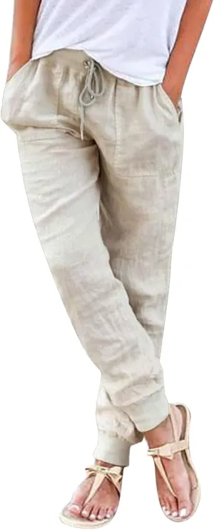 High Waisted Pants For Women Casual Loose Wide Leg Trousers Stretchy Cotton Linen Summer Pull On Boho Sweatpants