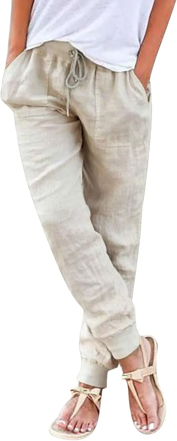 High Waisted Pants For Women Casual Loose Wide Leg Trousers Stretchy Cotton Linen Summer Pull On Boho Sweatpants