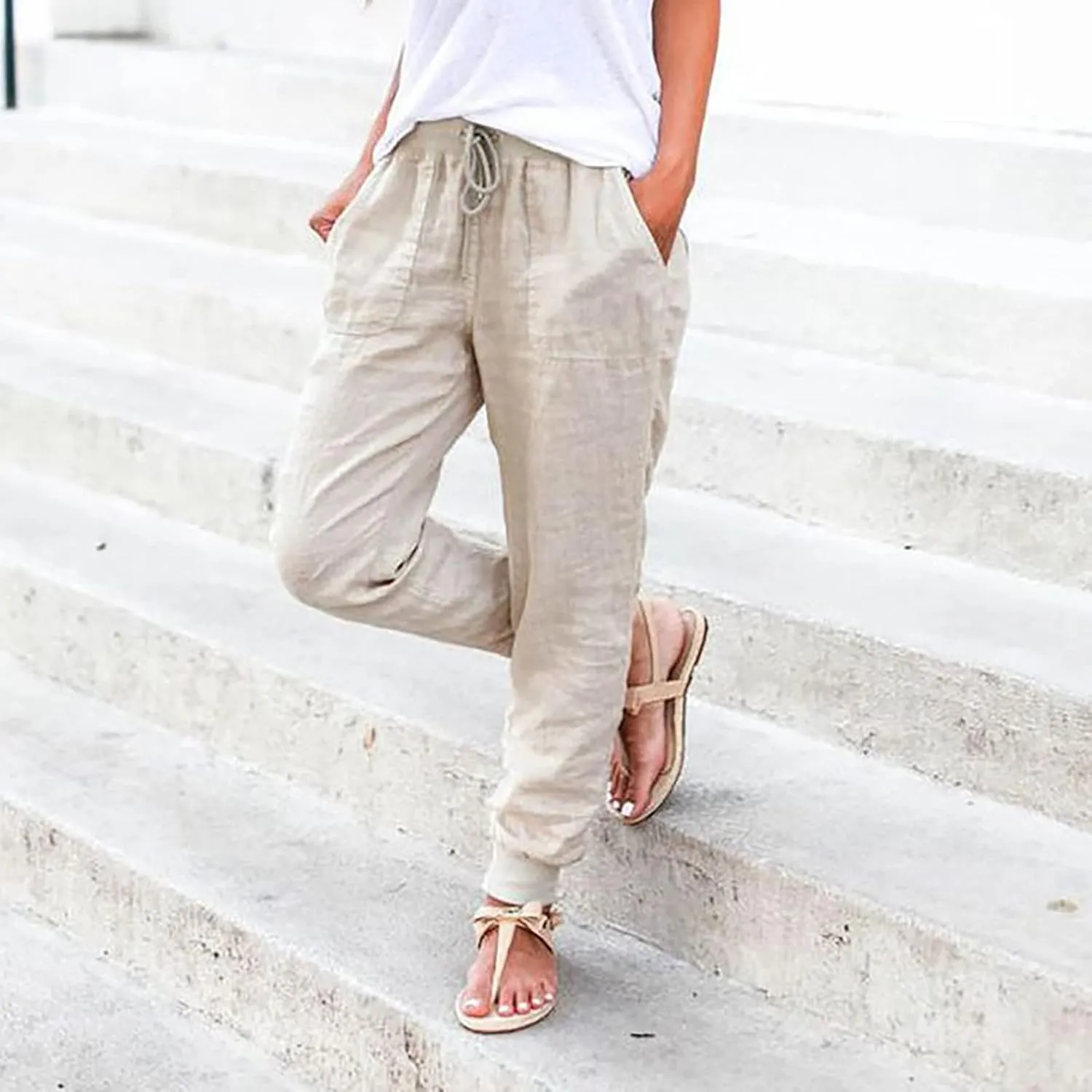 High Waisted Pants For Women Casual Loose Wide Leg Trousers Stretchy Cotton Linen Summer Pull On Boho Sweatpants