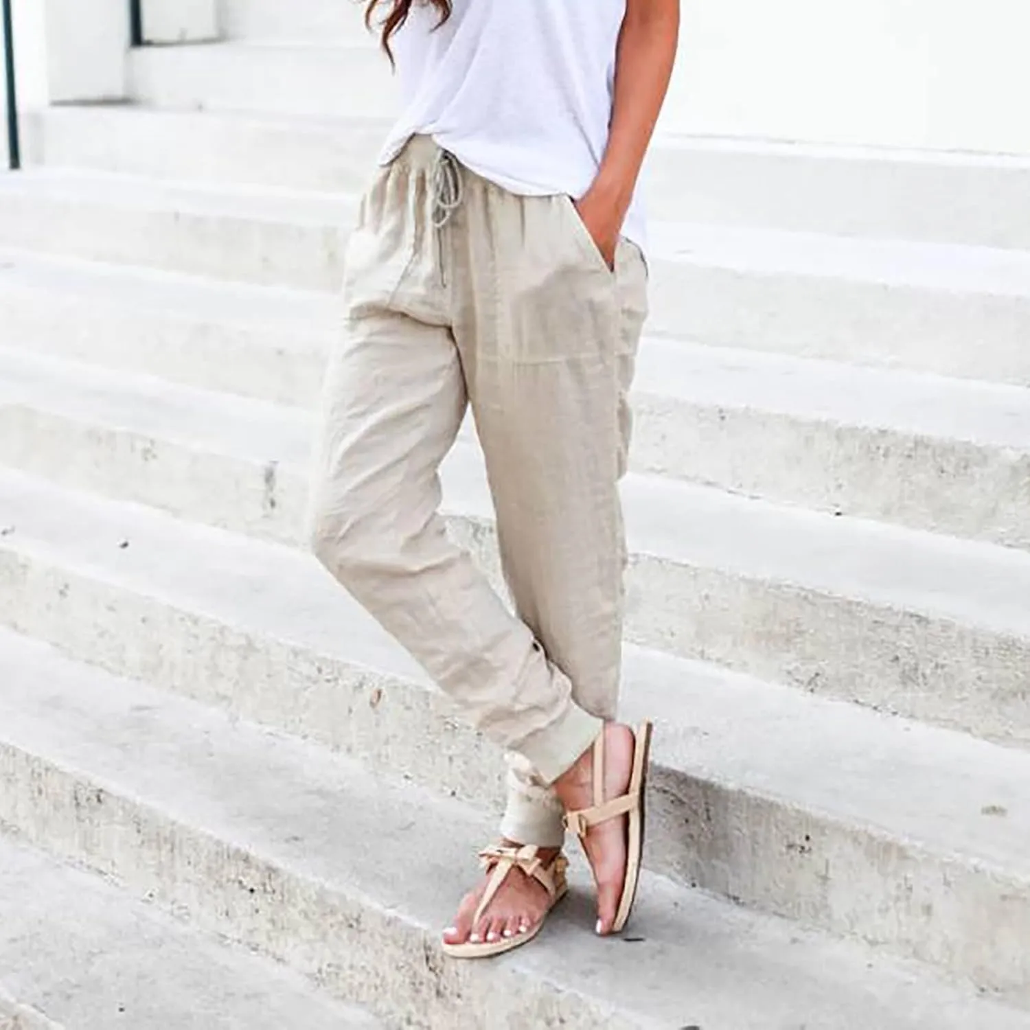 High Waisted Pants For Women Casual Loose Wide Leg Trousers Stretchy Cotton Linen Summer Pull On Boho Sweatpants