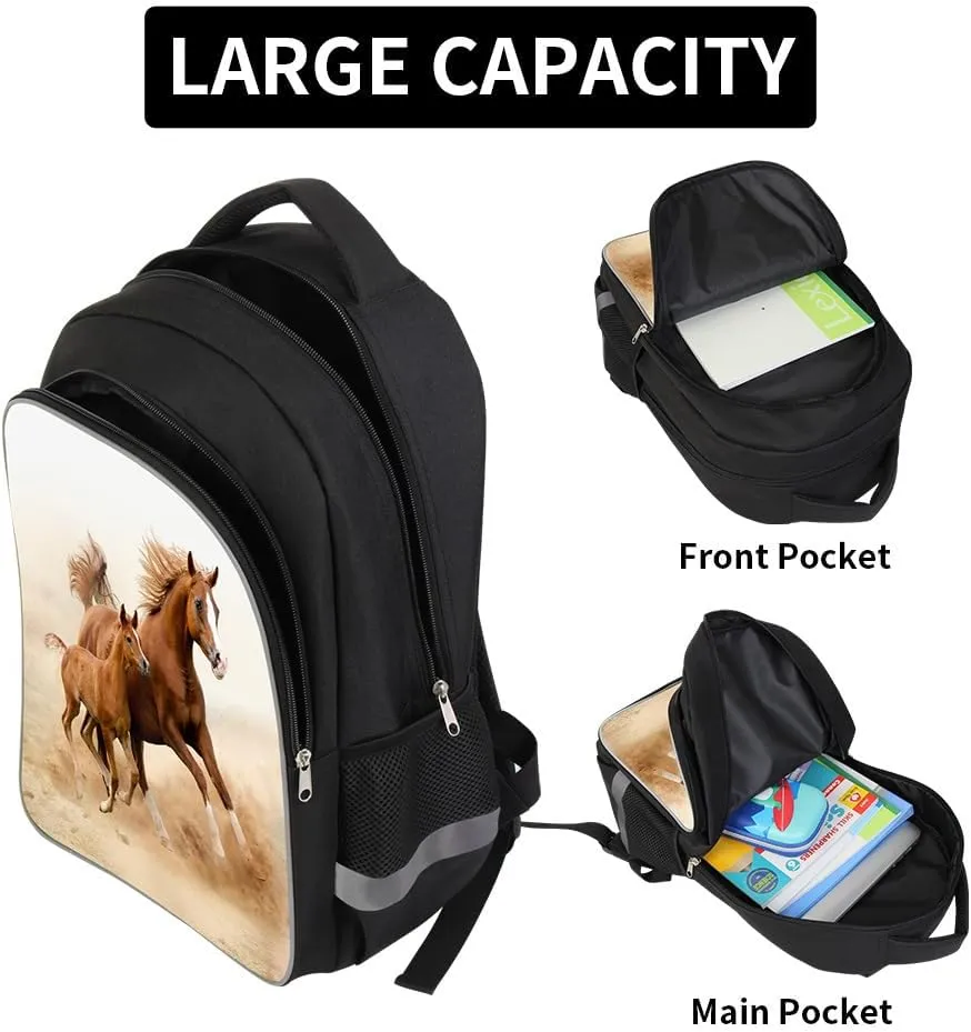 Horse School Backpack Set with Matching Lunch Bag Pencil Case Stylish Outdoor Back Pack Cool Ruckack Cooler Bag for Teens